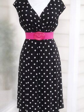 Ralph Lauren Black Polka Dot Dress V Neck Cap Sleeve Retro Chic Fit & Flare